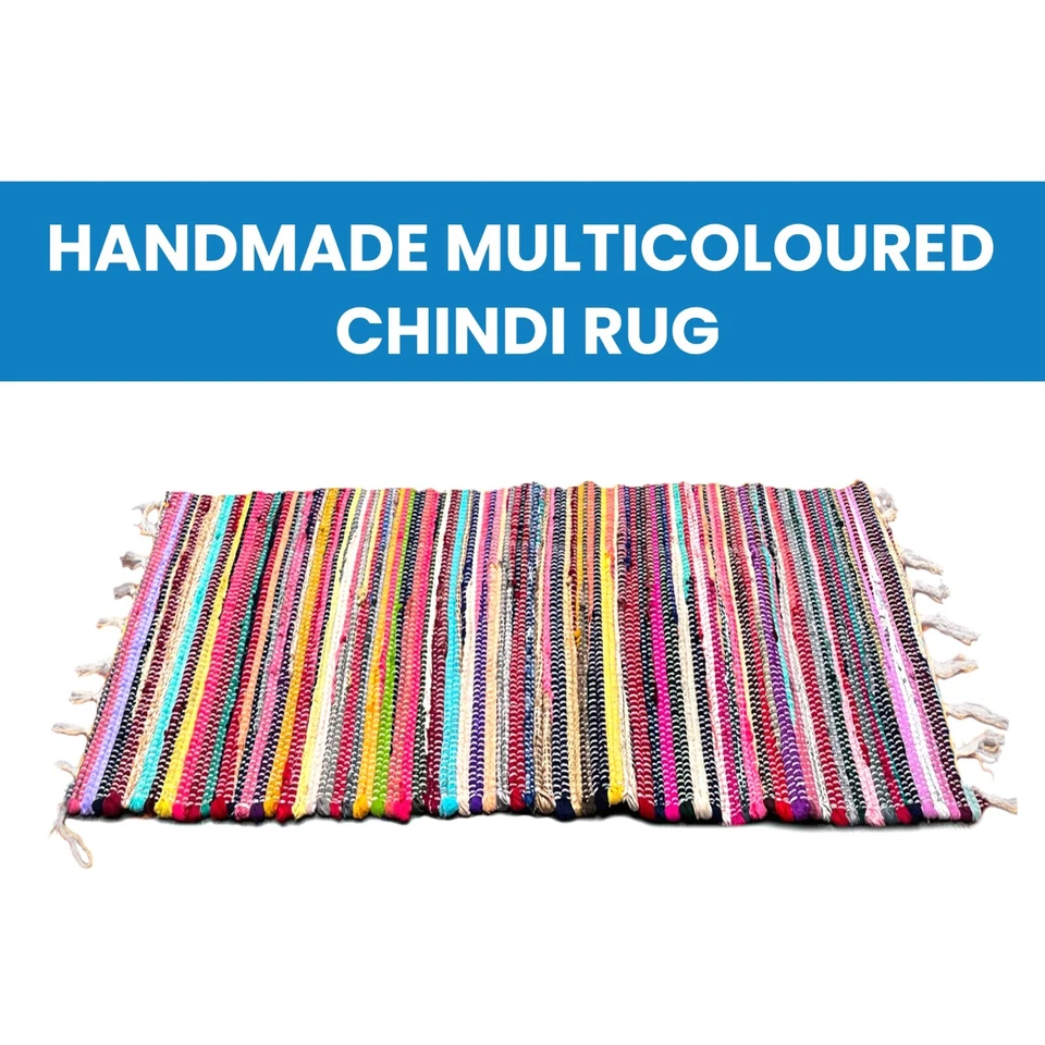 Handmade Chindi Rag Rug 100% Cotton Recycled Multi Coloured Woven Flat Floor Mat - Image 4 of 4