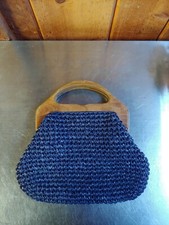 Vintage Crochet Straw Handbag Purse Wooden Handles