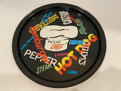 Vintage Metal Round Bar-B-Que Chef  Condiment Tray 10 1/2'' Hot Dog Hamburger 