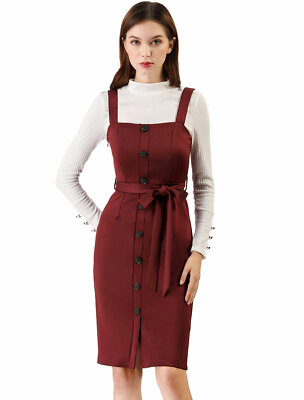 Allegra K Women Button Decor Suspender Overall Jumper Dress