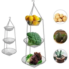 3-Tier Hanging Basket with Metal Chain and Hooks for Fruits Vegetables Organizer