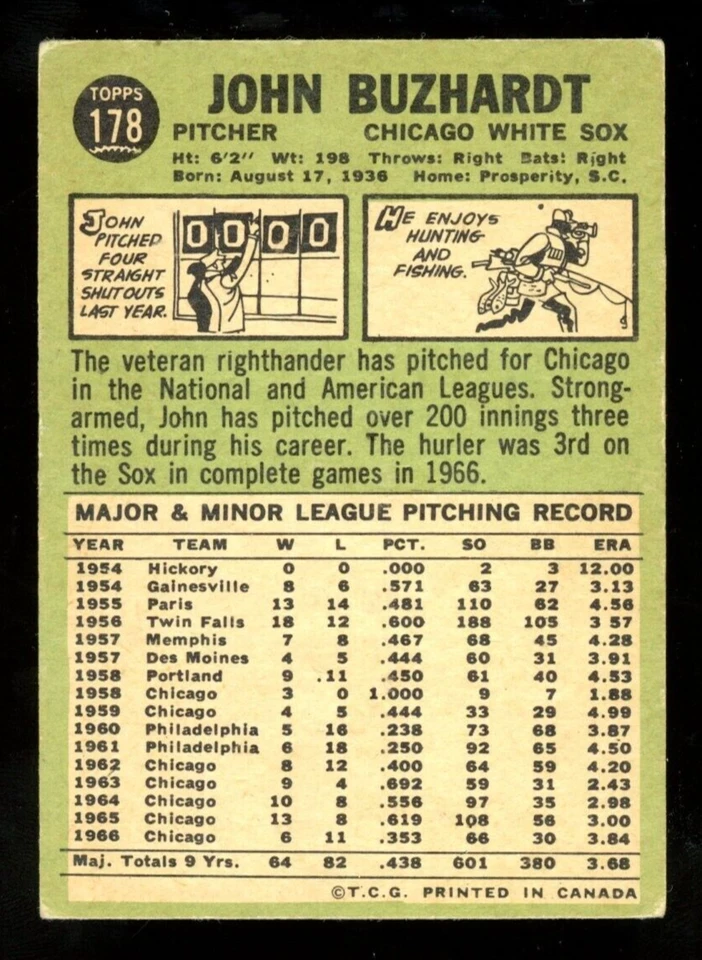 1967 TOPPS OPC O PEE CHEE BASEBALL #178 JOHN BUZHARDT EX-NM CHICAGO WHITE SOX - Image 2 of 2