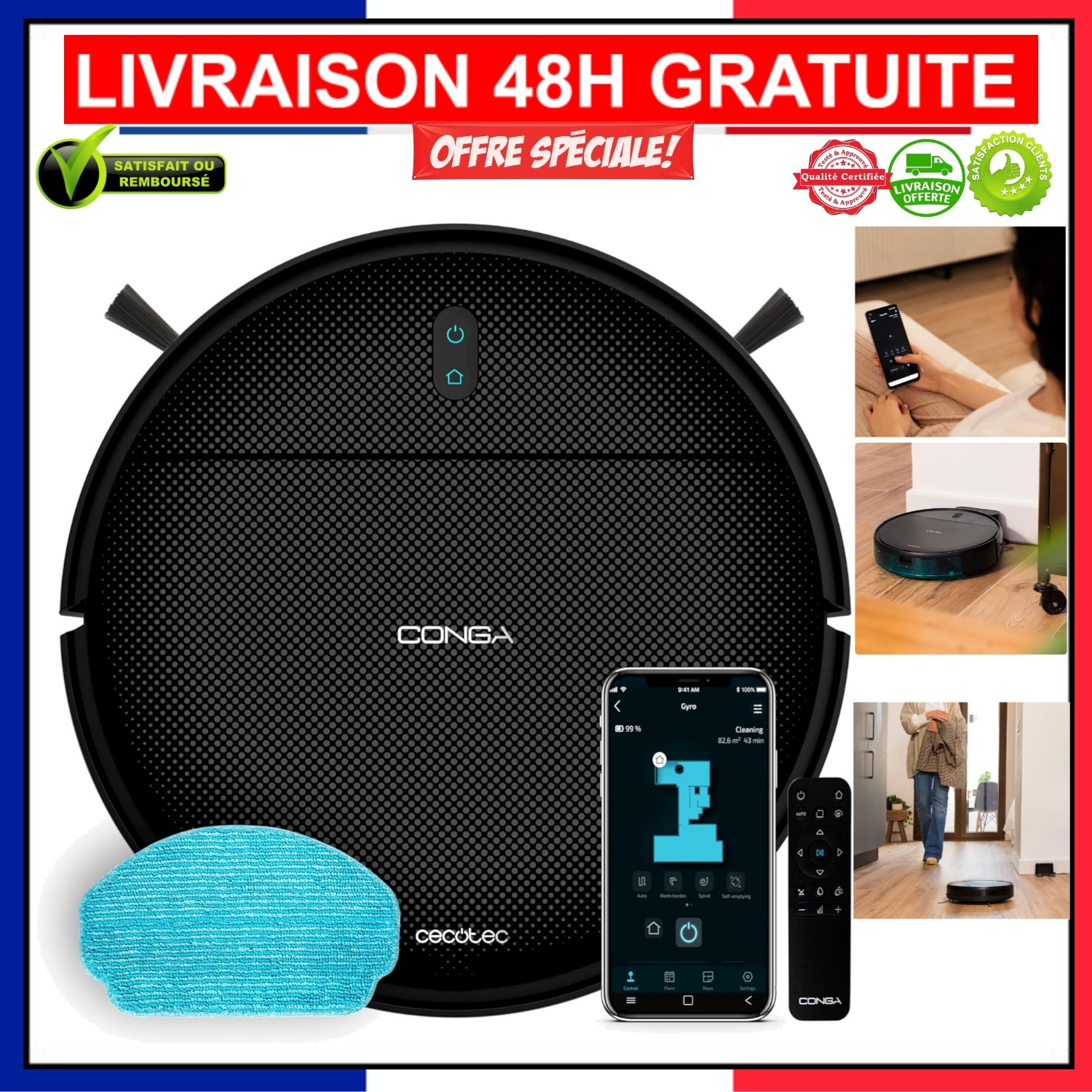Robot aspirateur Cecotec Conga 999 avec double brosse latérale pour poils d'animaux