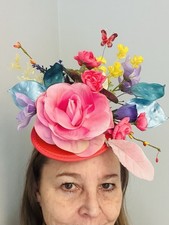 Hat Fascinator Red Base Pink Rose Aqua Shinny Leaves Gold Leaves Colored Flowers