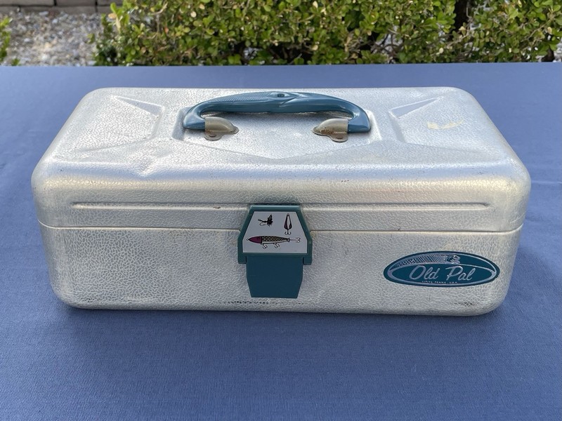 RARE Old Pal Aluminum Tackle Box 13.5”x 6.5”x 5” With Fish Mold Handles + Gear