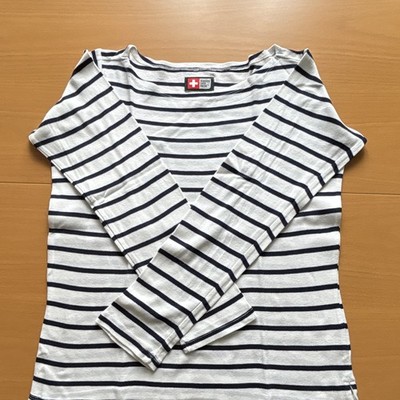 Swiss Life NDK Damen T-Shirt Basic Weiß Blau Gr. S Langarm Rundhals gestreift