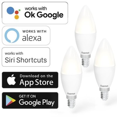 Hama 3x WLAN LED-Lampe E14 5,5W 40W Kerze Dimmbar App-Steuerung für Alexa Google