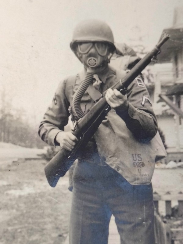 Identified US Army Soldier Snapshot Photo WWII with Gasmask Bill Wompke 1943