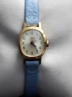 Working Vintage Timex Manual Windup Woman's Watch Gold Tone Dial 7.5" Blue Lethr
