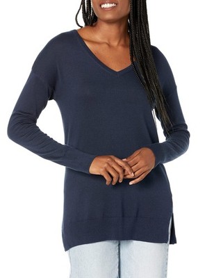Damen Tunika-Pullover V-Ausschnitt langarm Marineblau Größe L Amazon Essentials