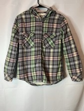 Boston Traders Women  s Plaid Fleece Lined Multicolored Flannel Button Hood Sz M