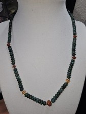 Dark Green Jade Jadeite Beaded Necklace Gold Tone Clasp 16"