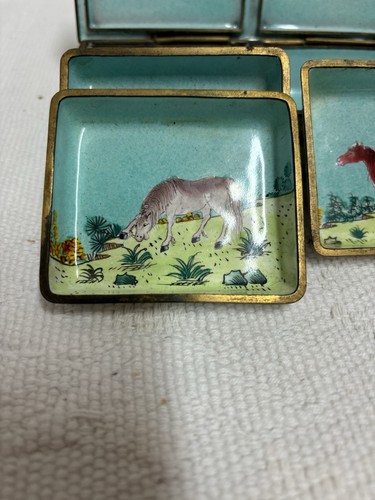 Antike chinesische Cloisonné Emaille Messing Stempel Schmuckschatulle mit Scharnierdeckel 4 Einsätze - Bild 8 von 13