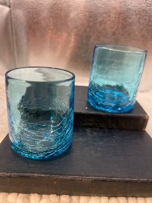 Blue Crackle Glass Scotch / Whisky Tumbler 2 5/8  - Set of Two - lovely