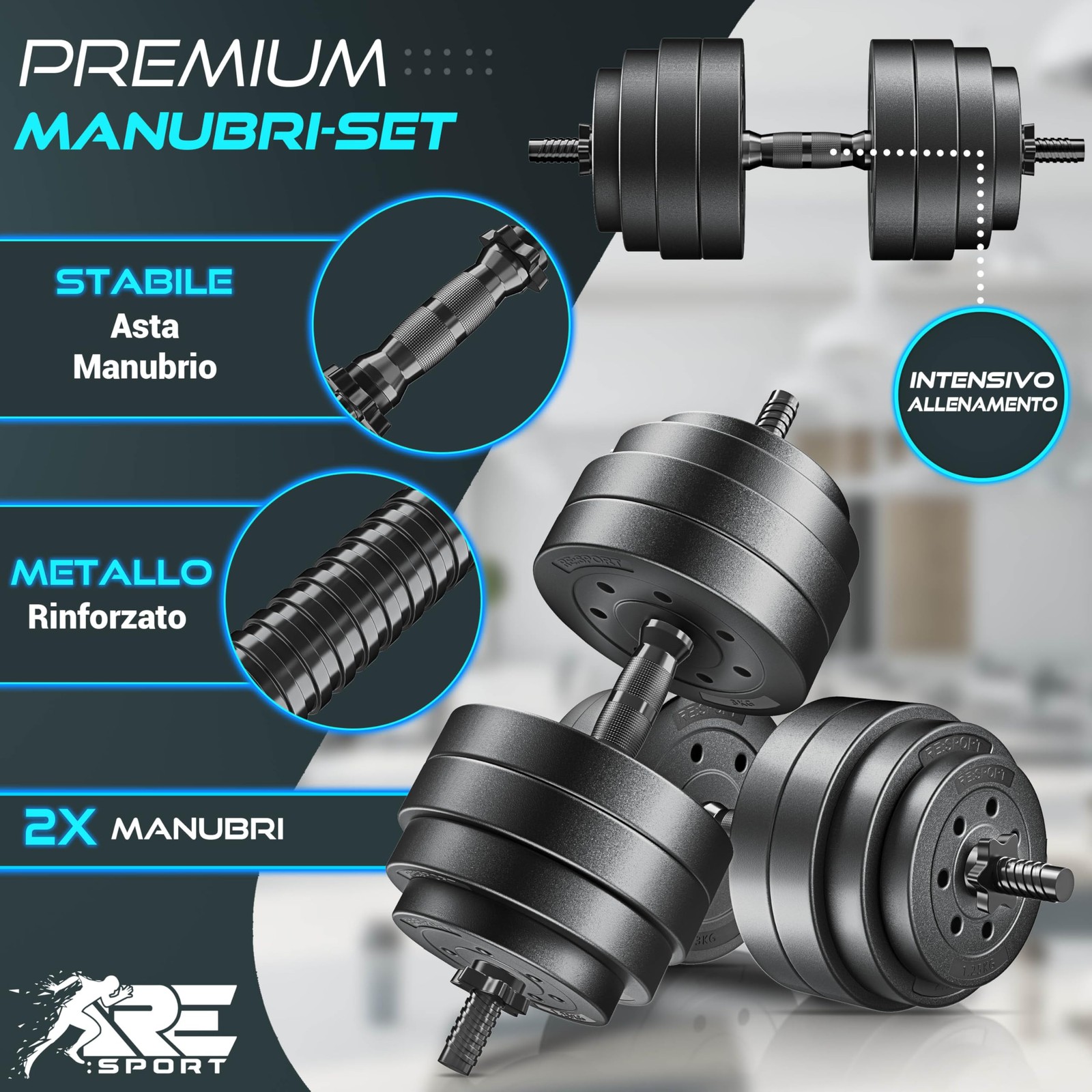 RE SPORT Set di 2 manubri regolabili 15/20/30/40 kg Manubri con pesi e 4 foto 5