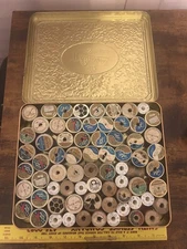 Vintage Wooden & Plastic Sewing Thread Spools In VTG Whitmans TIN