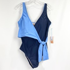 Kona Sol Swimsuit Blue Color Block One Piece Womens XL NWT Tie Front V Neck