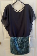 As You Wish Dress Small Party Prom Wedding Navy Blue & Aqua Sequins MSRP $58 NWT