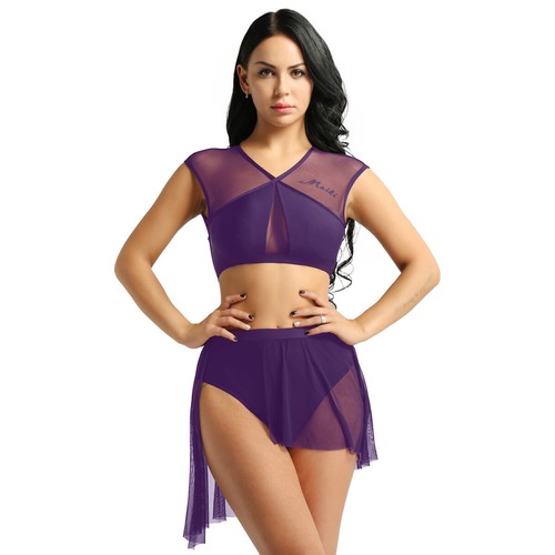 Women Adult Mesh Lace Asymmetric Lyrical Modern Contemporary Ballet Dance Dress - Picture 207 of 336