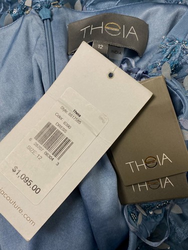 $1096 Theia Women's Blue Floral Sequin Sweetheart Cap-Sleeve Gown Dress Size 12 - Picture 4 of 4
