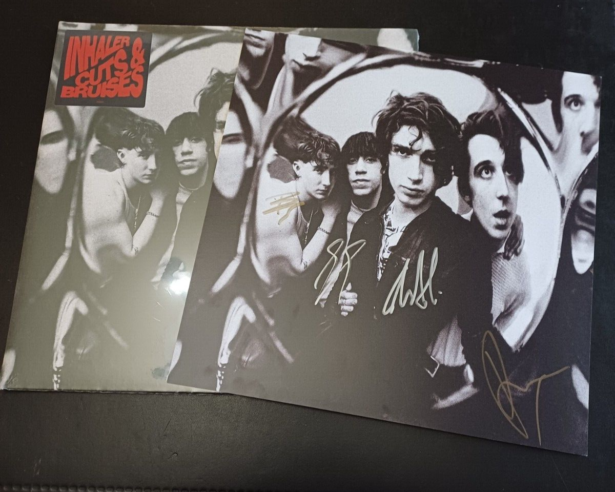 INHALER CUTS & BRUISES RED/BLACK VINYL LP & BAND SIGNED 12
