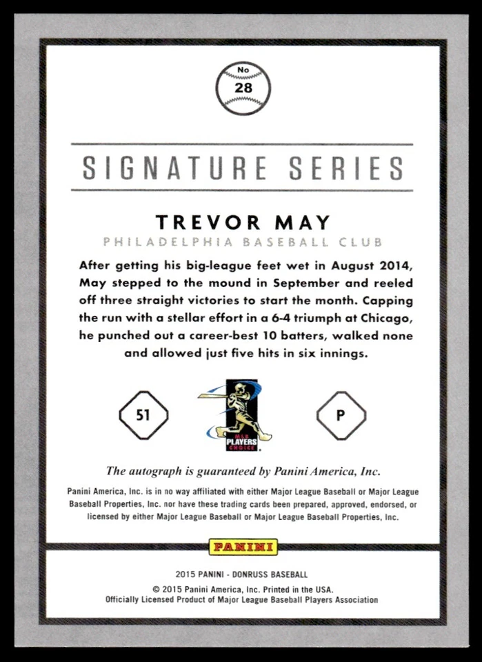 2015 Donruss Signature Series Trevor May Auto Philadelphia Phillies #28 - Image 2 of 2