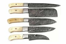 HAND FORGED DAMASCUS STEEL CHEF KNIFE KITCHEN SET WITH Bone HANDLE= roll bag