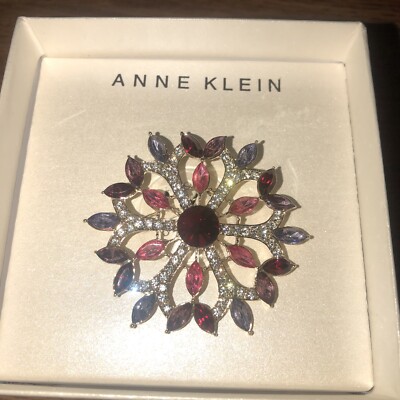 Anne Klein Gold tone Multicolors rhinestone Flower brooch pin