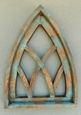 Wooden Antique Style Church WINDOW Frame Primitive Wood Gothic 17 1/2" Green