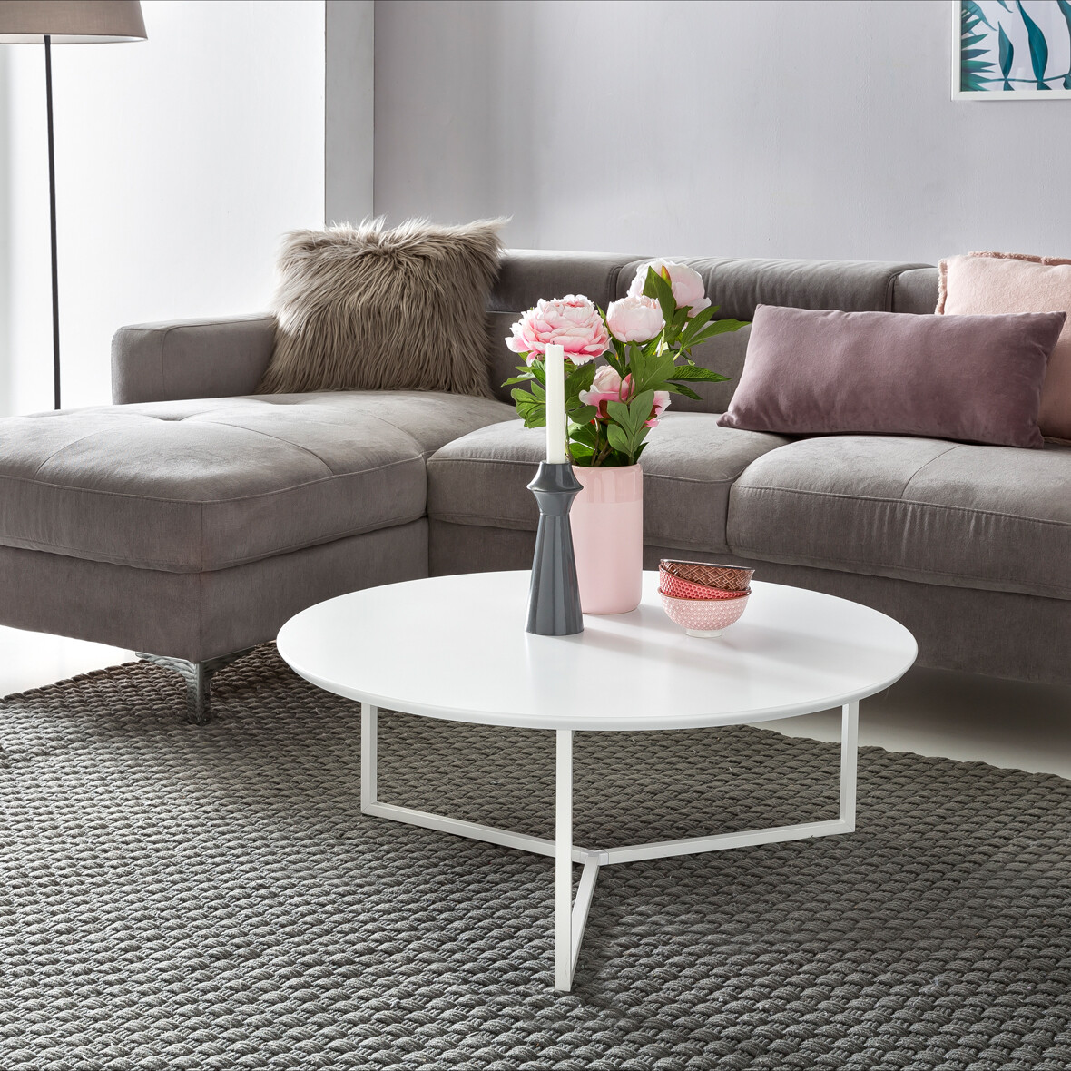 FineBuy Mesa de Centro 80x80x33 cm Blanco Redonda Mesita de Café Moderna...