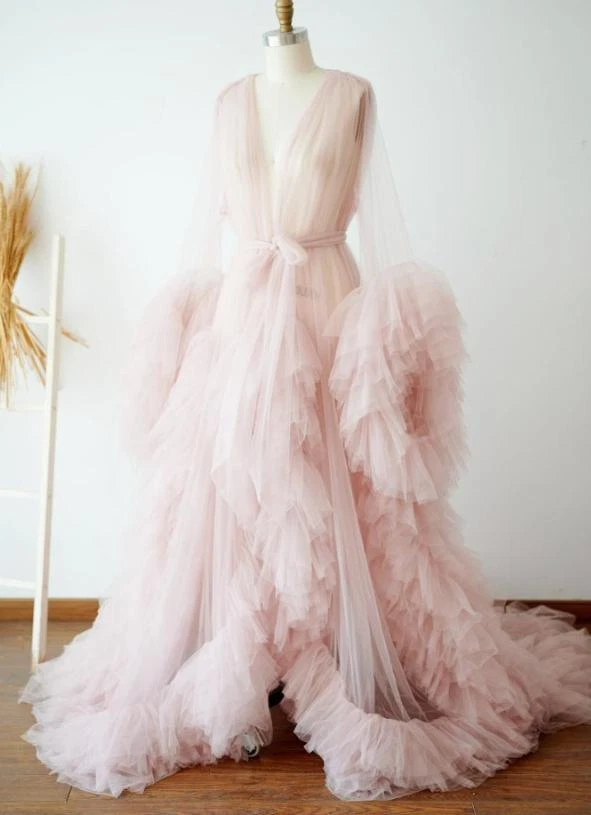 Occident Lady Mesh Long Dress Belted Robe Puffy Tulle V Neck Gown Ball Sexy Chic - Image 4 of 4