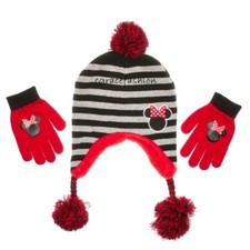 Disney Minnie Mouse Girl Winter Fur Lined Laplander Beanie Trapper Hat Glove Set