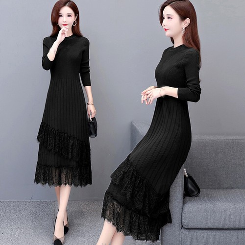 Women Jumper Sweater Dress Lace Trim 