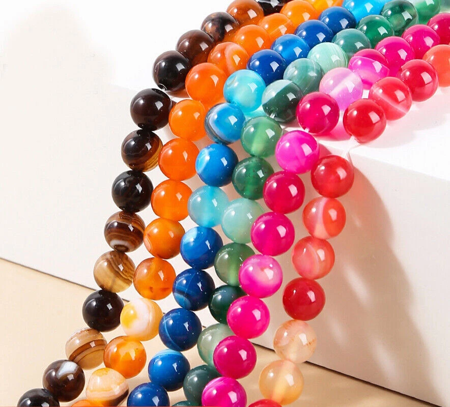 16-50" 6/8/10/ 12mm Multicolor Striped Agate Onyx Round Gems Beads Knot Necklace - Image 2 of 4