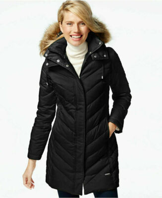 Kenneth Cole Reaction Damen Daunen gefütterte Jacke Kapuze schwarz XS NEU UVP 245 $