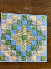 Spring Summer Yellow Blue Green Flowers Leaves Quilted Table Topper Handmade XL