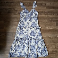 OPT Dress Womens XL Blue White Ingrid Floral Ruffle Midi Tiered Boho Cottagecore