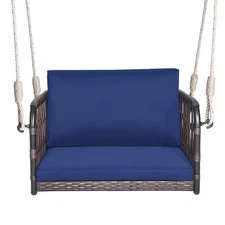 Rattan Woven Hanging Bench Seat Porch Swing Chair w/ Cushions Hooks Balcony Navy