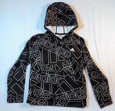 Adidas Youth Hoodie M 10/12 Black Pullover All Over Logo Print Kangaroo Pocket
