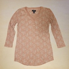 Chaps Floral Henley Tunic Top Pink Long Sleeve Ribbed Knit Boho Casual Women S