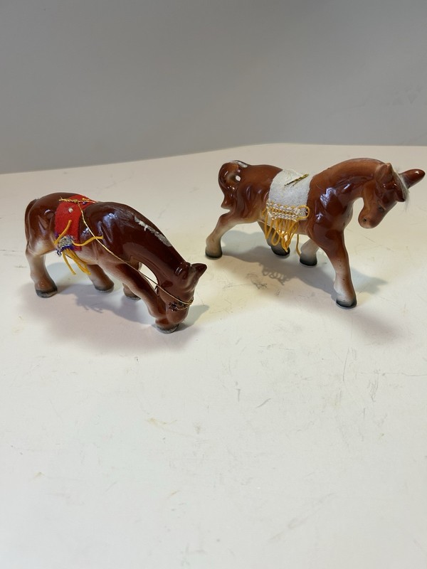 Pair of vintage Japan Enesco Range Rider ceramic horse figurines