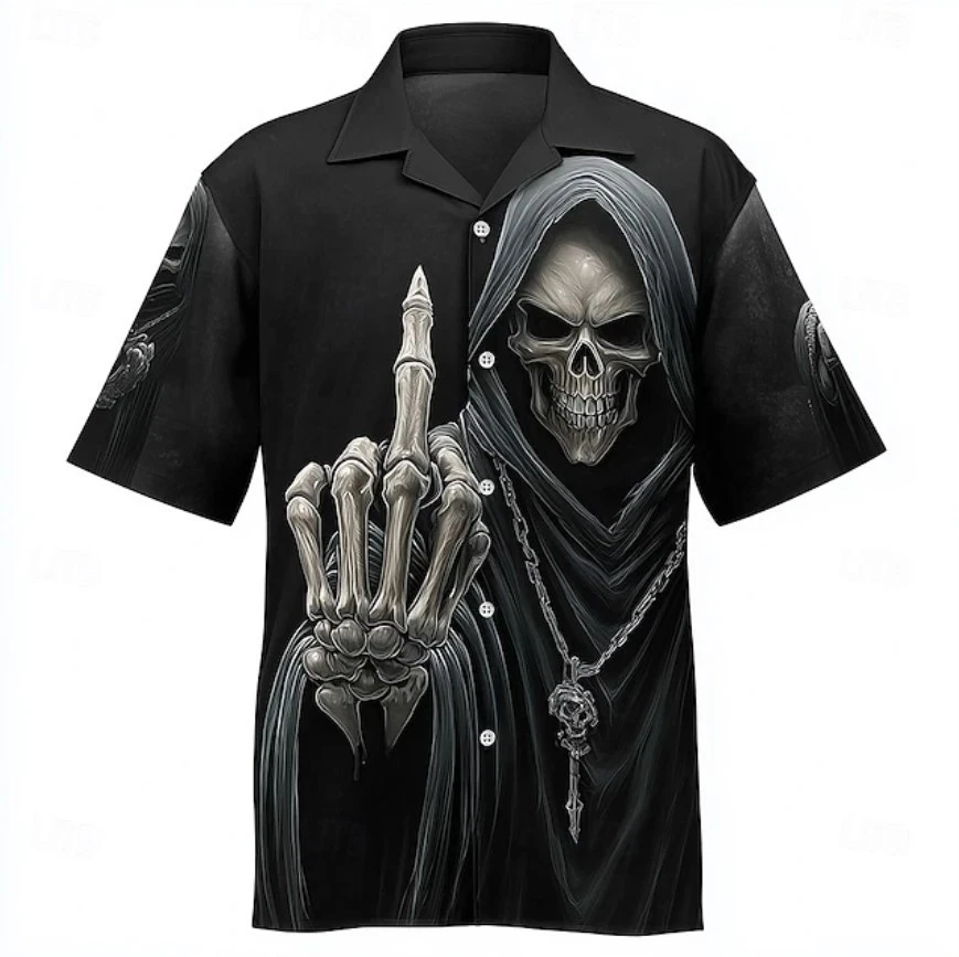 Men's Skull Grim Reaper Middle Finger Shirt Button Up Shirt Camp Collar Shirt