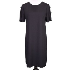 Ann Taylor Dress Womens 4 Tall 4T Black Lined Crepe Midi Shift Bows on Sleeves