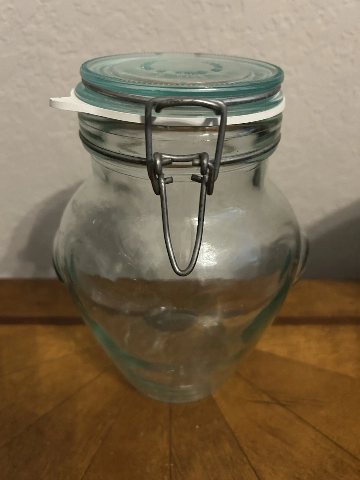 Vintage Green Tinted Italian Glass Hermetic Jar Wire Bale Swing Lock 7 3/4” Tall