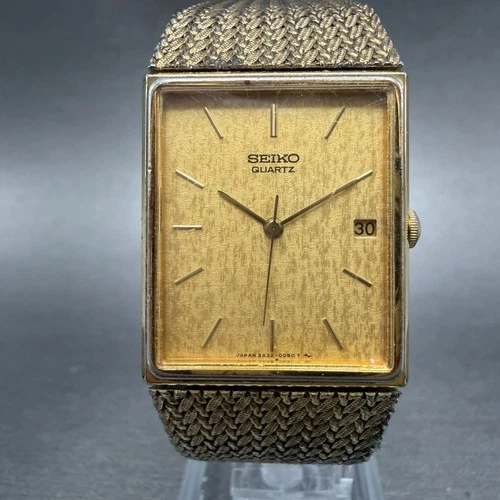 Seiko Tank Watch Men 24mm Gold Dial Gold Tone Date Rectangle 2A32-5019 New Batt