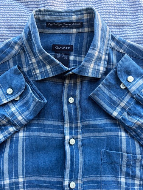 GANT Ivy Indigo Linen Blend Plaid Shirt Dress Fit Size L Made in Portugal