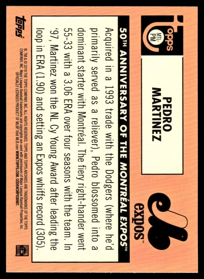 2019 Topps Archives 50th Anniversary of the Montréal Expos Pedro Martinez Boston - Image 2 of 2