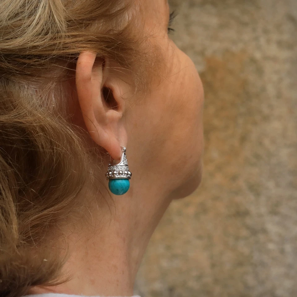 Ohrringe Schläfer Silber Fassung Cz Perle Türkis Kunstleder ET9 - Bild 4 von 4