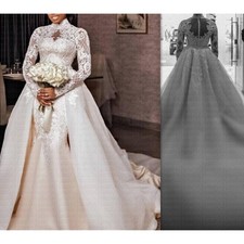 High Neck Lace Mermaid Bridal Gown Long Sleeve Wedding Dresses with Overskirt