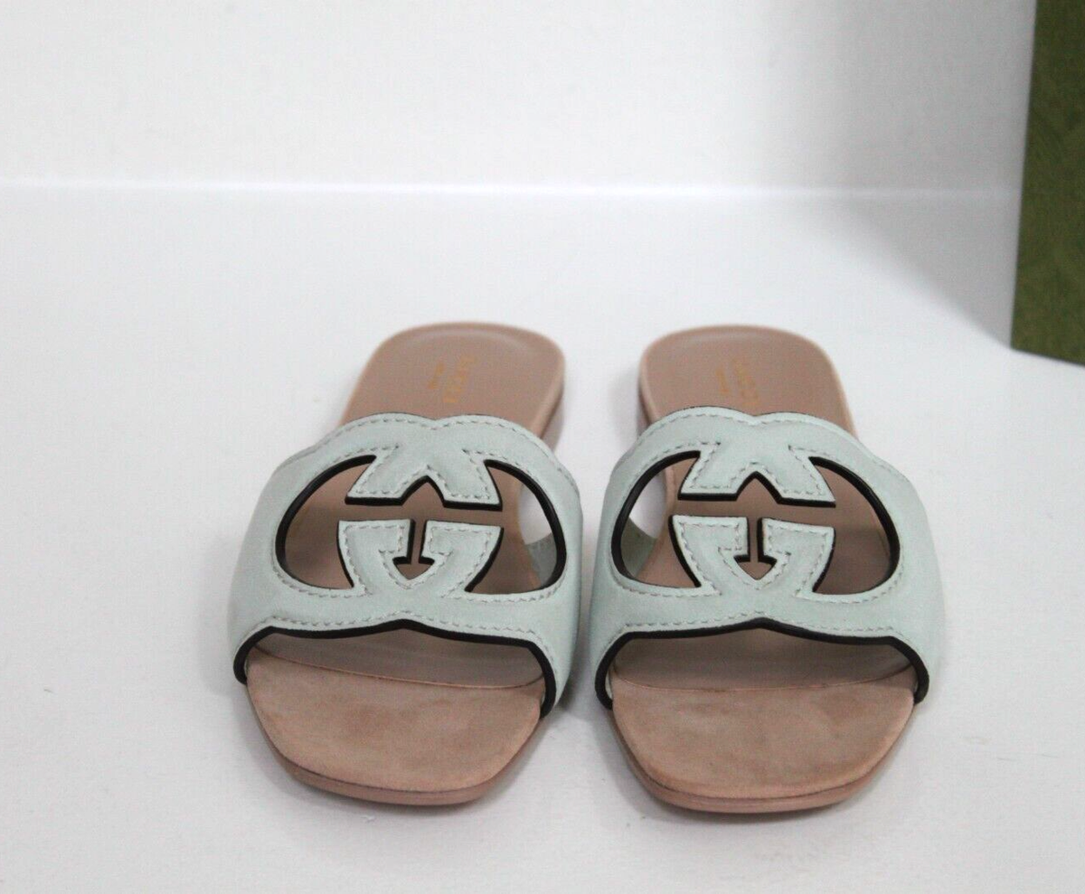 sz 6.5 / 36.5 Gucci Interlocking G Suede Cutout GG Logo Slide Flat